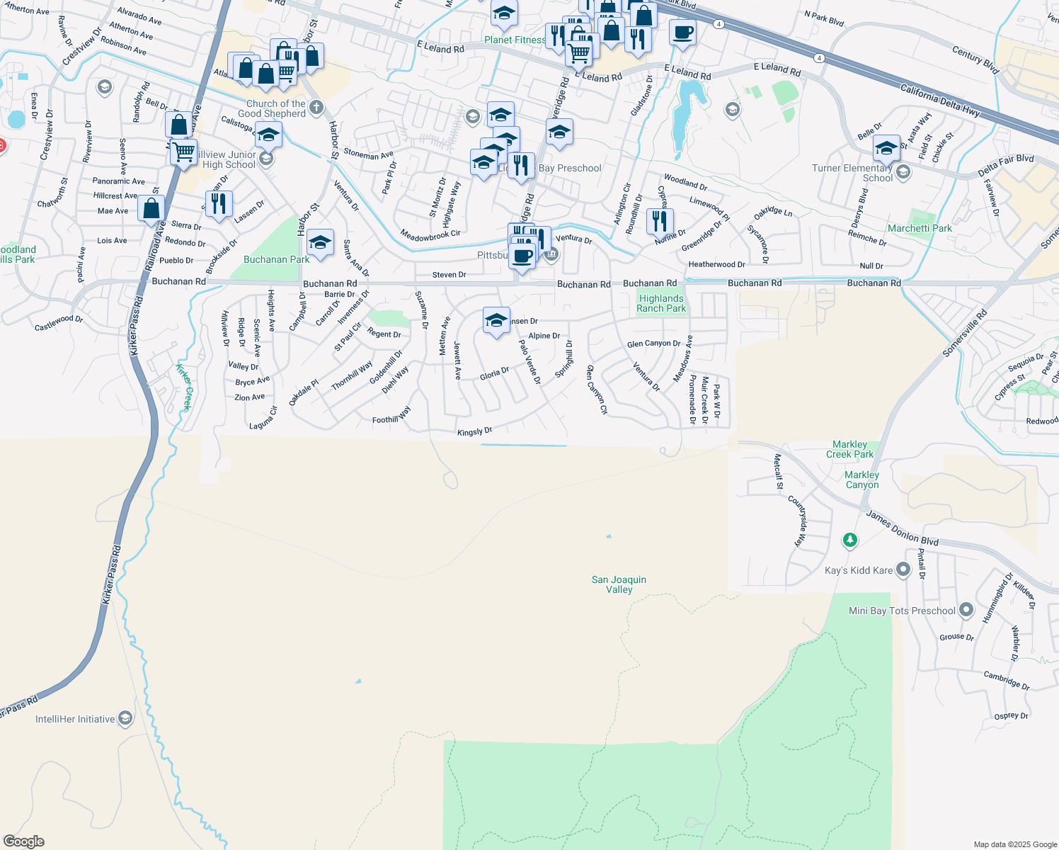 map of restaurants, bars, coffee shops, grocery stores, and more near 17 Cederbrook Place in Pittsburg
