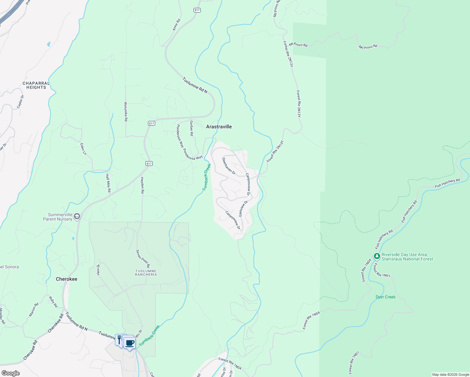 map of restaurants, bars, coffee shops, grocery stores, and more near 20319 Westview Drive in Tuolumne