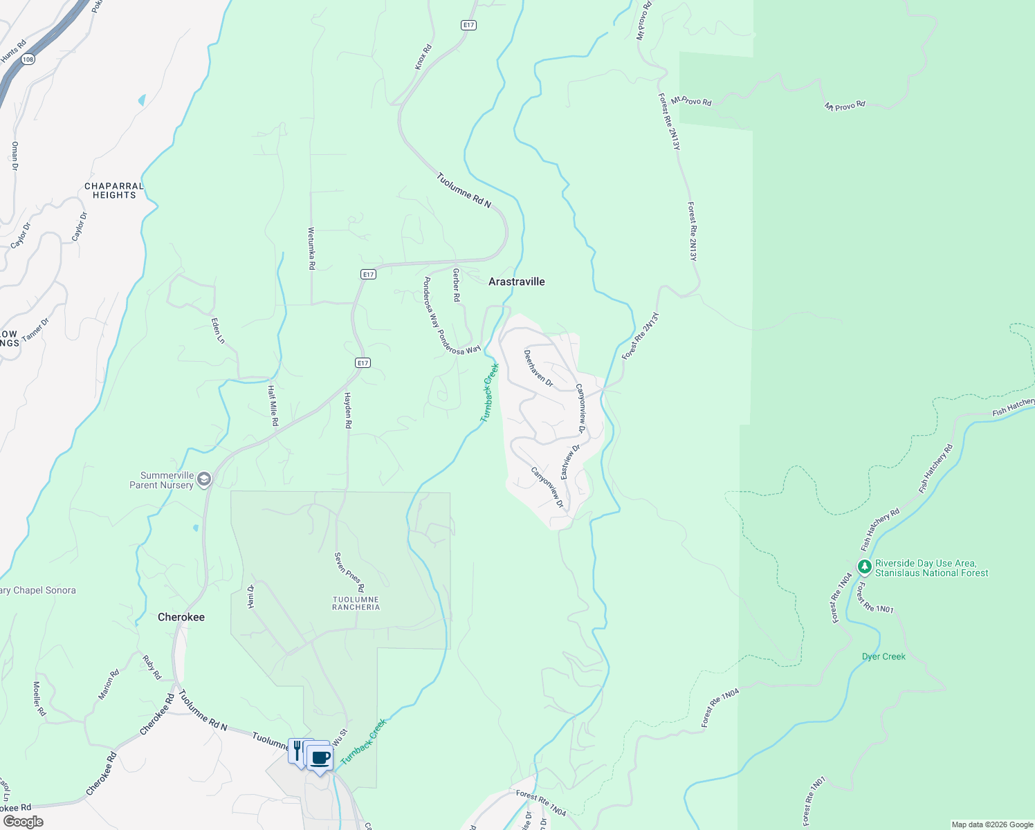 map of restaurants, bars, coffee shops, grocery stores, and more near Canyonview Dr in Tuolumne