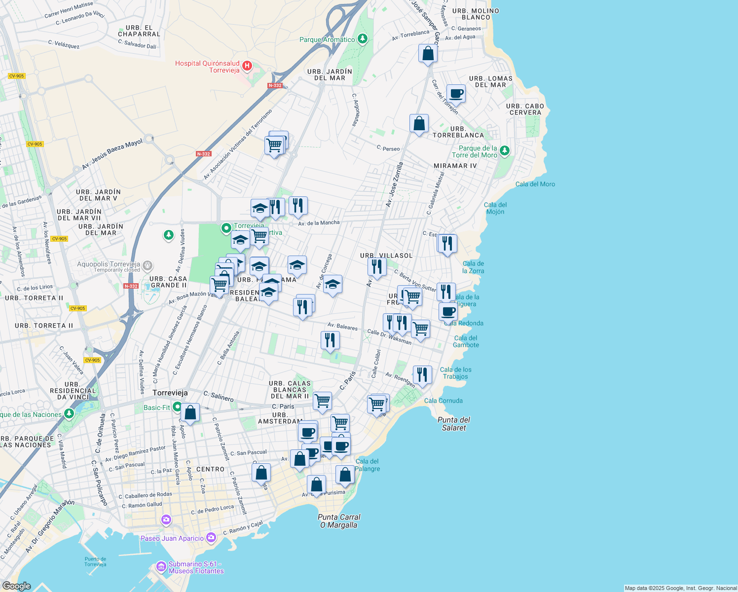 map of restaurants, bars, coffee shops, grocery stores, and more near 148 Avenida de Paris in Torrevieja