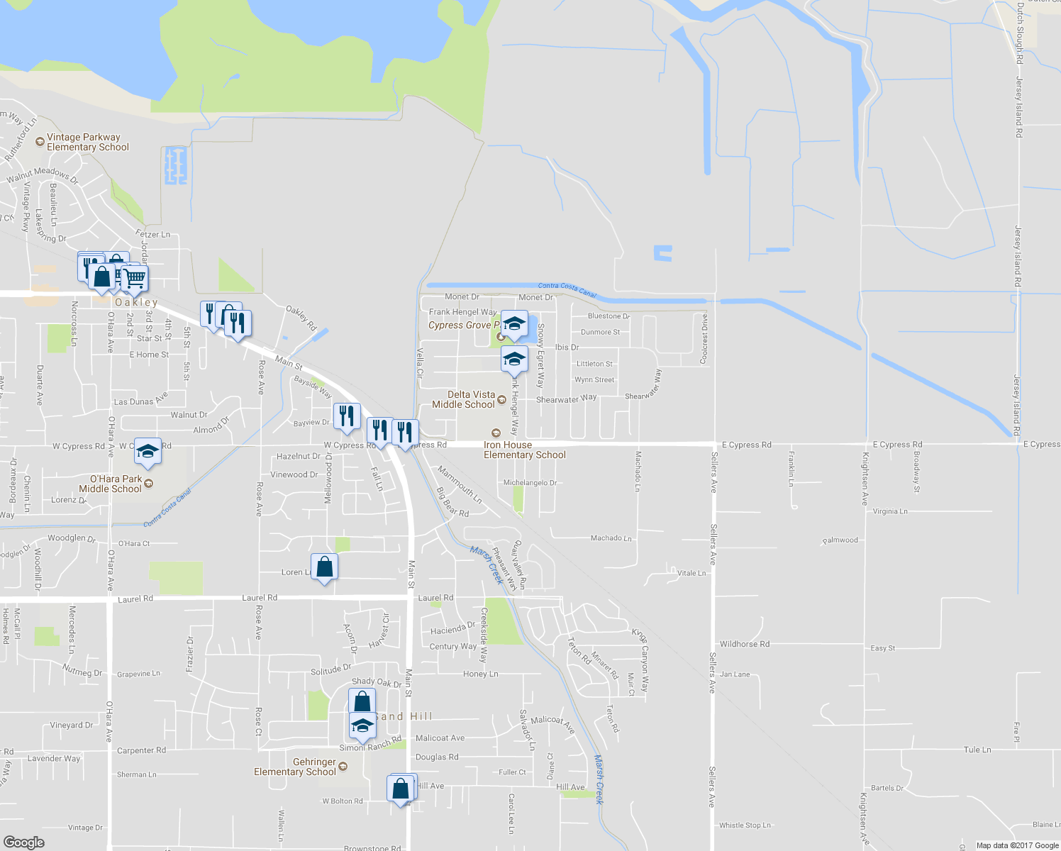 map of restaurants, bars, coffee shops, grocery stores, and more near 24 Puffin Circle in Oakley