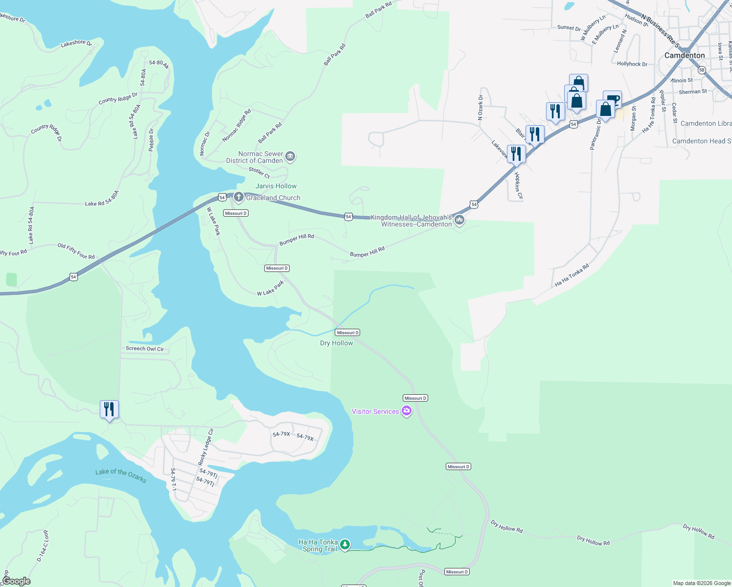 map of restaurants, bars, coffee shops, grocery stores, and more near in Camdenton