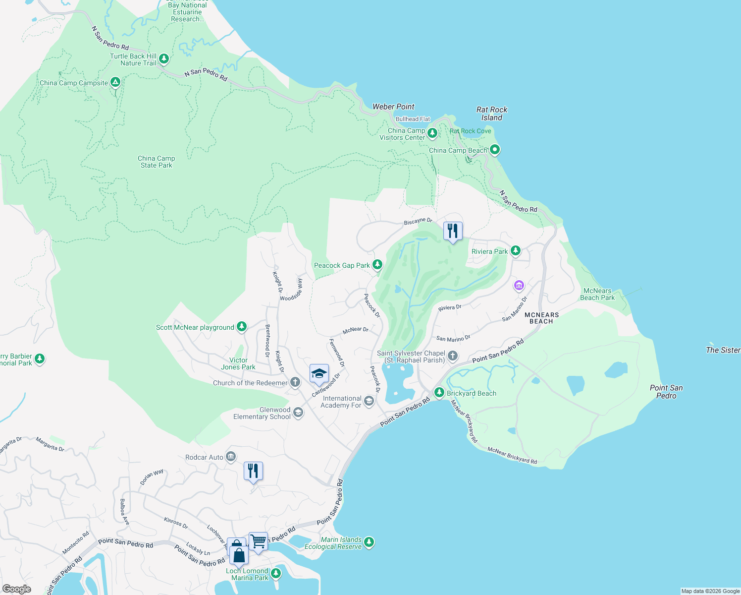 map of restaurants, bars, coffee shops, grocery stores, and more near 188 Peacock Drive in San Rafael