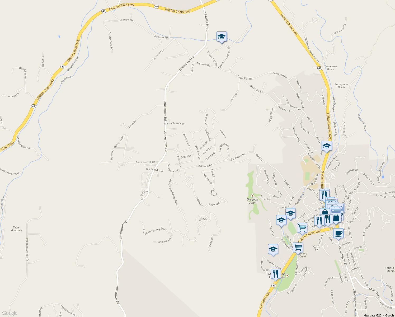 map of restaurants, bars, coffee shops, grocery stores, and more near 20364 West Walnut Drive in Sonora