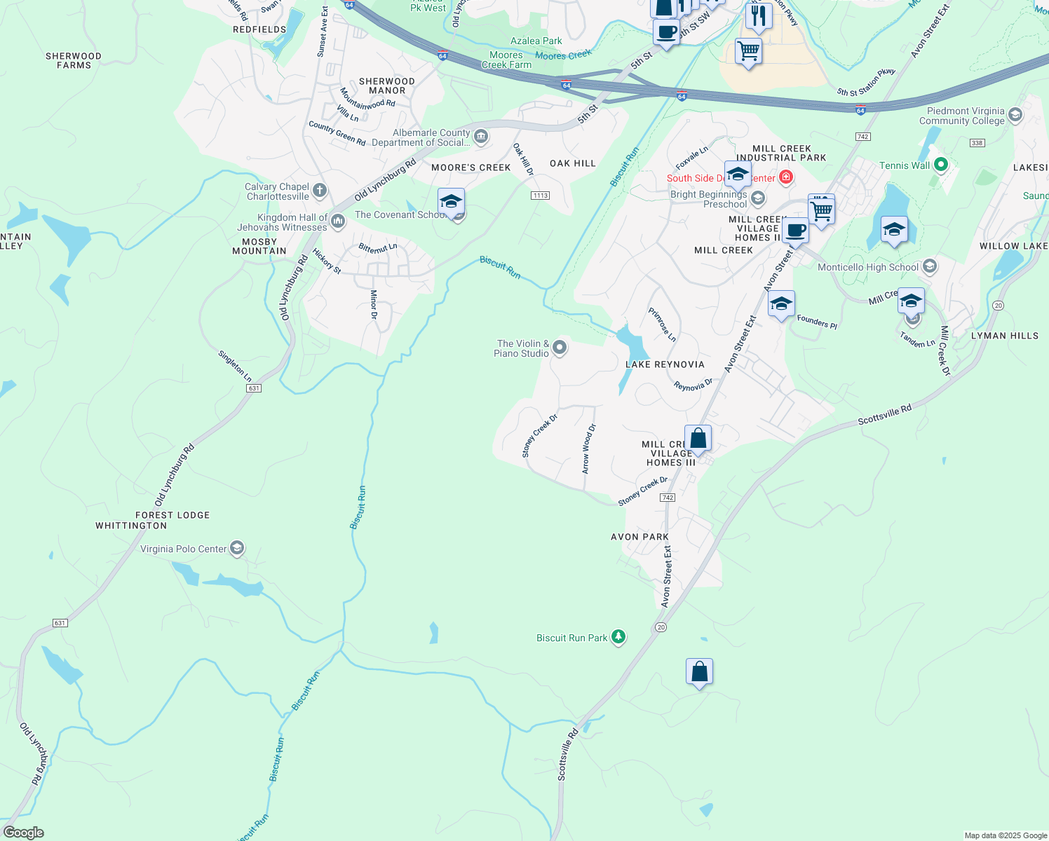 map of restaurants, bars, coffee shops, grocery stores, and more near 431 Hidden Ridge Road in Charlottesville