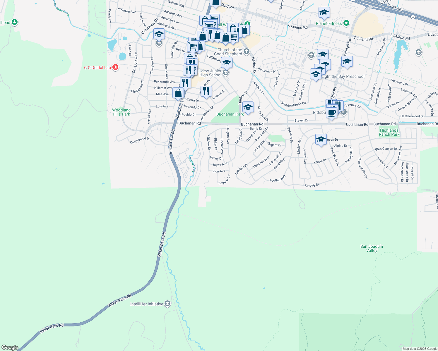 map of restaurants, bars, coffee shops, grocery stores, and more near 18 Laguna Circle in Pittsburg