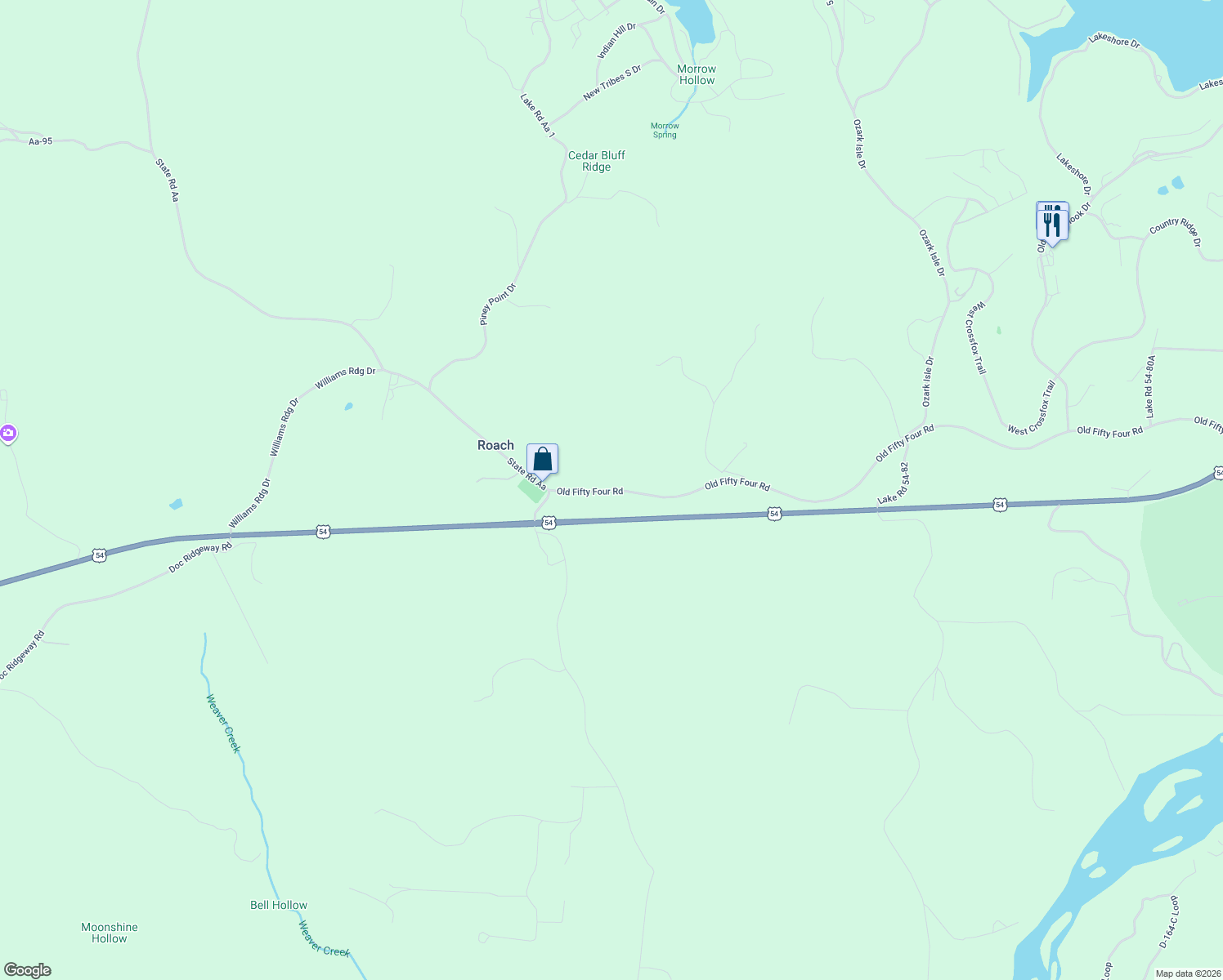 map of restaurants, bars, coffee shops, grocery stores, and more near Lake Road 54-80 in Roach