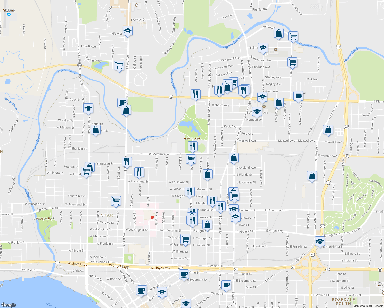 map of restaurants, bars, coffee shops, grocery stores, and more near 2537 North Main Street in Evansville