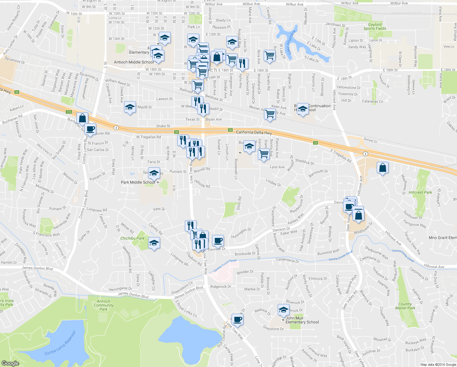 map of restaurants, bars, coffee shops, grocery stores, and more near 203-1/2 Hillside Road in Antioch