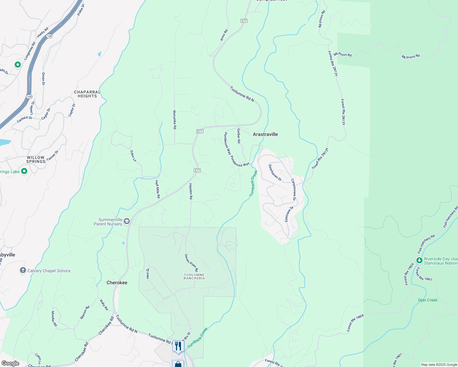 map of restaurants, bars, coffee shops, grocery stores, and more near 20461 Skyline Road in Tuolumne