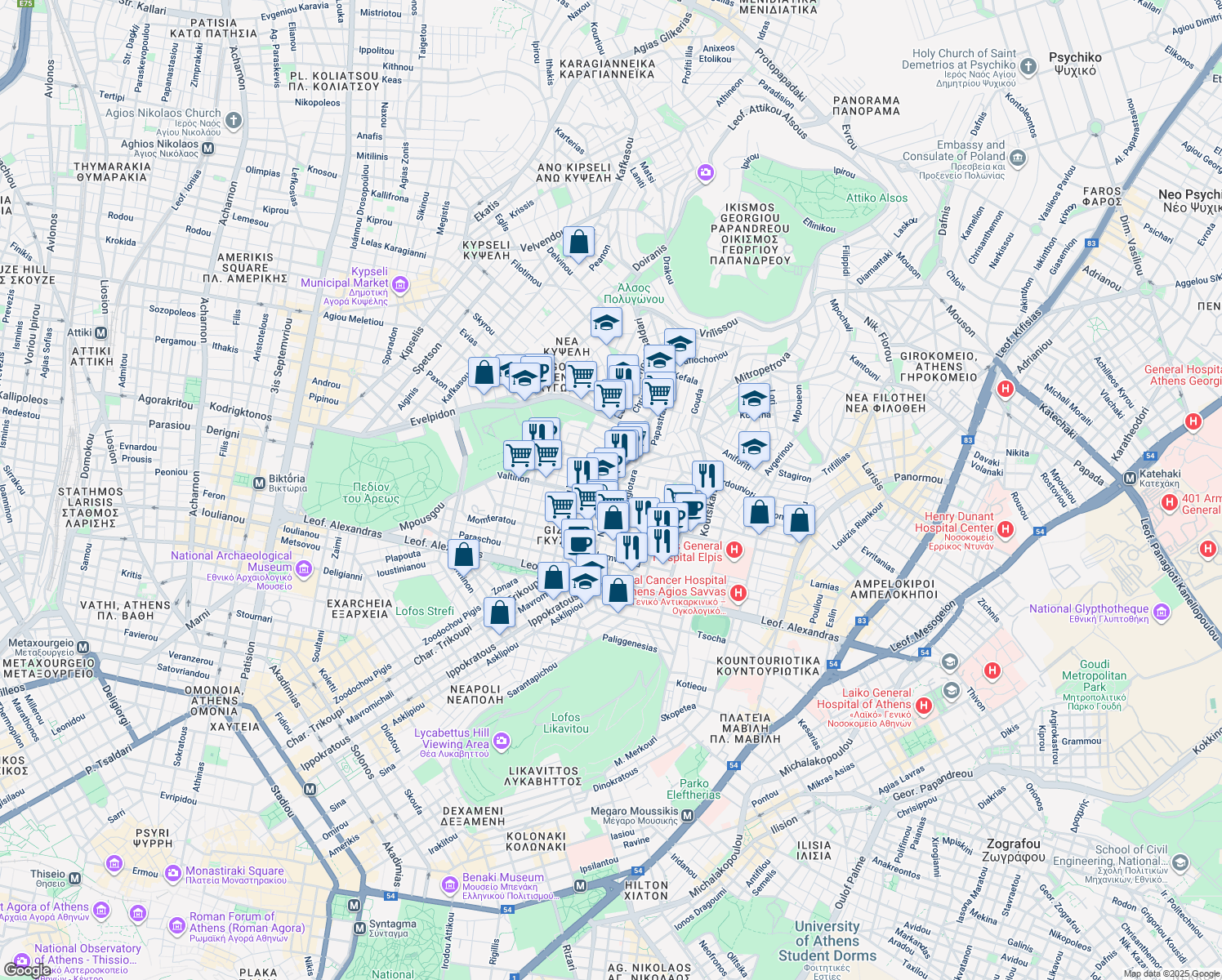 map of restaurants, bars, coffee shops, grocery stores, and more near 17 Platia Gkizi in Athens