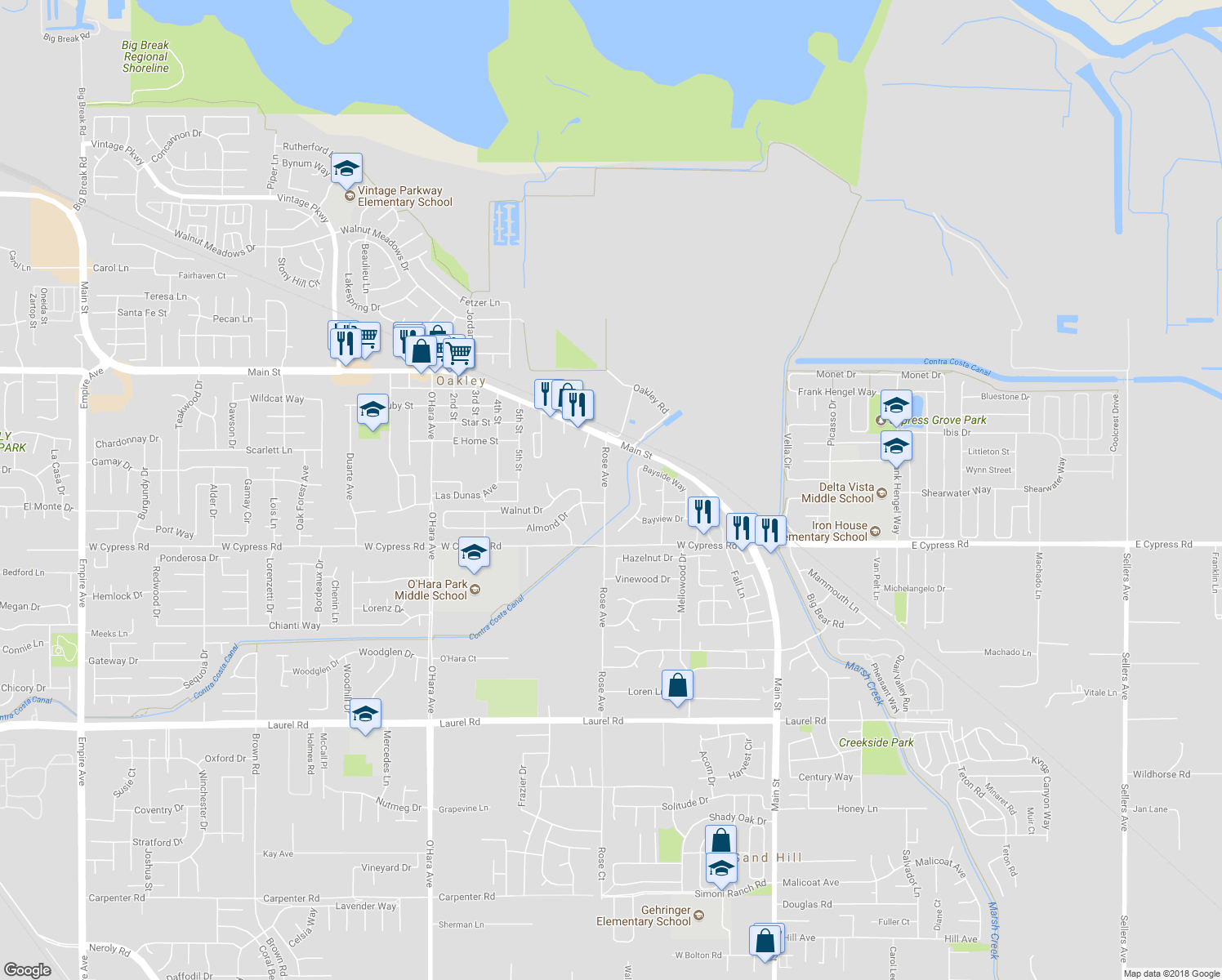 map of restaurants, bars, coffee shops, grocery stores, and more near 4586 Rose Avenue in Oakley