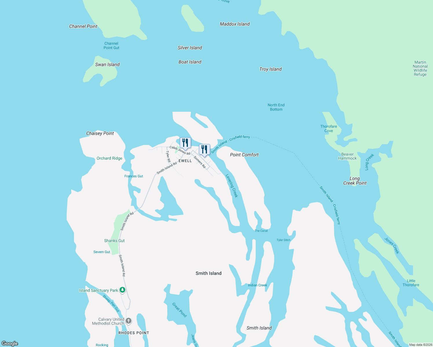 map of restaurants, bars, coffee shops, grocery stores, and more near 20985 Caleb Jones Road in Smith Island