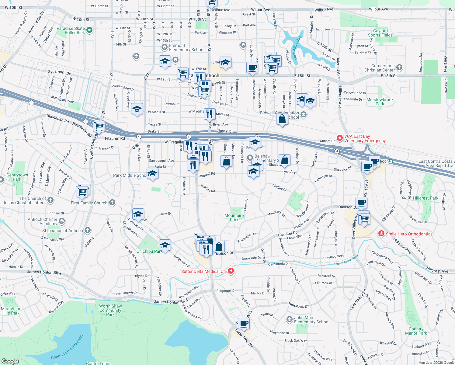 map of restaurants, bars, coffee shops, grocery stores, and more near 2933 Sunset Lane in Antioch