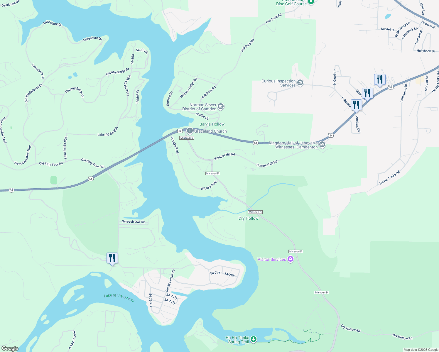 map of restaurants, bars, coffee shops, grocery stores, and more near 54-76D in Camdenton