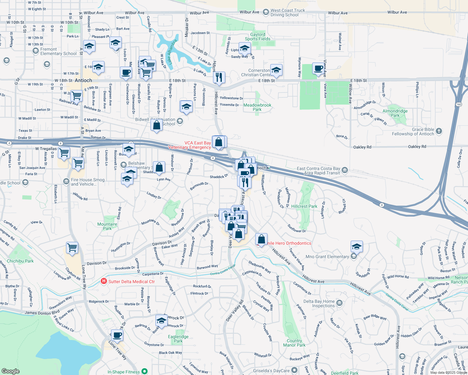 map of restaurants, bars, coffee shops, grocery stores, and more near 1433 Mellissa Circle in Antioch