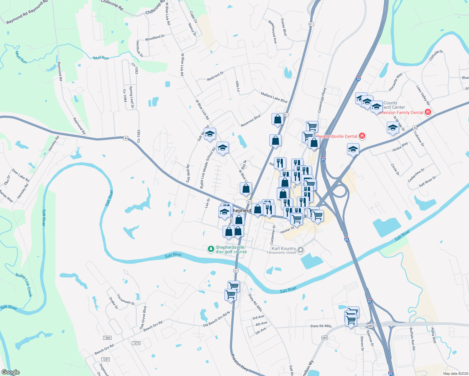 map of restaurants, bars, coffee shops, grocery stores, and more near 218 Cherry Street in Shepherdsville