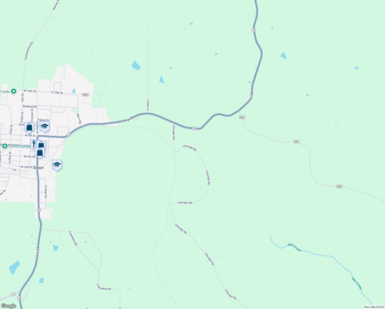 map of restaurants, bars, coffee shops, grocery stores, and more near Chicago Road in Dixon