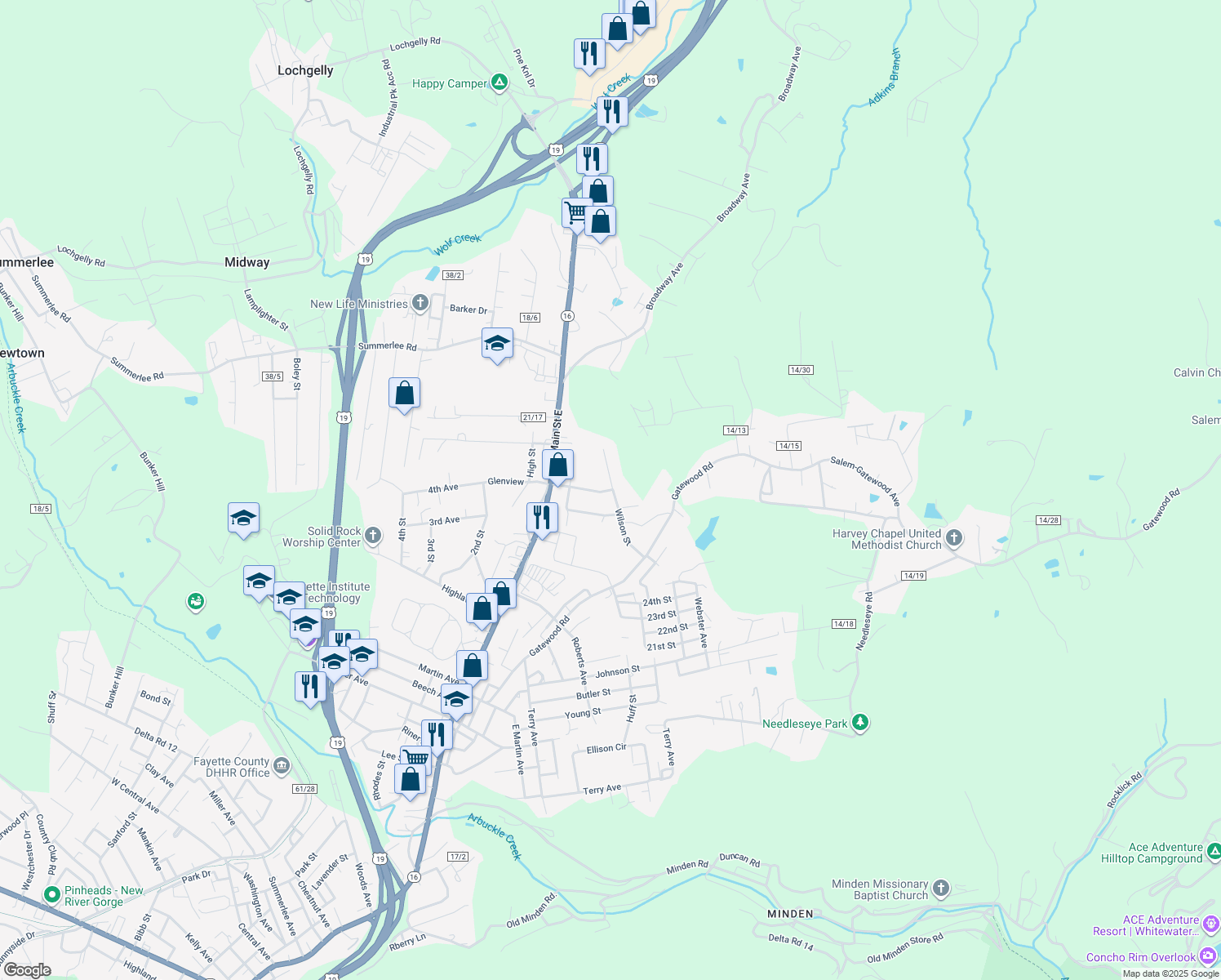 map of restaurants, bars, coffee shops, grocery stores, and more near 201 County Route 21/19 in Oak Hill