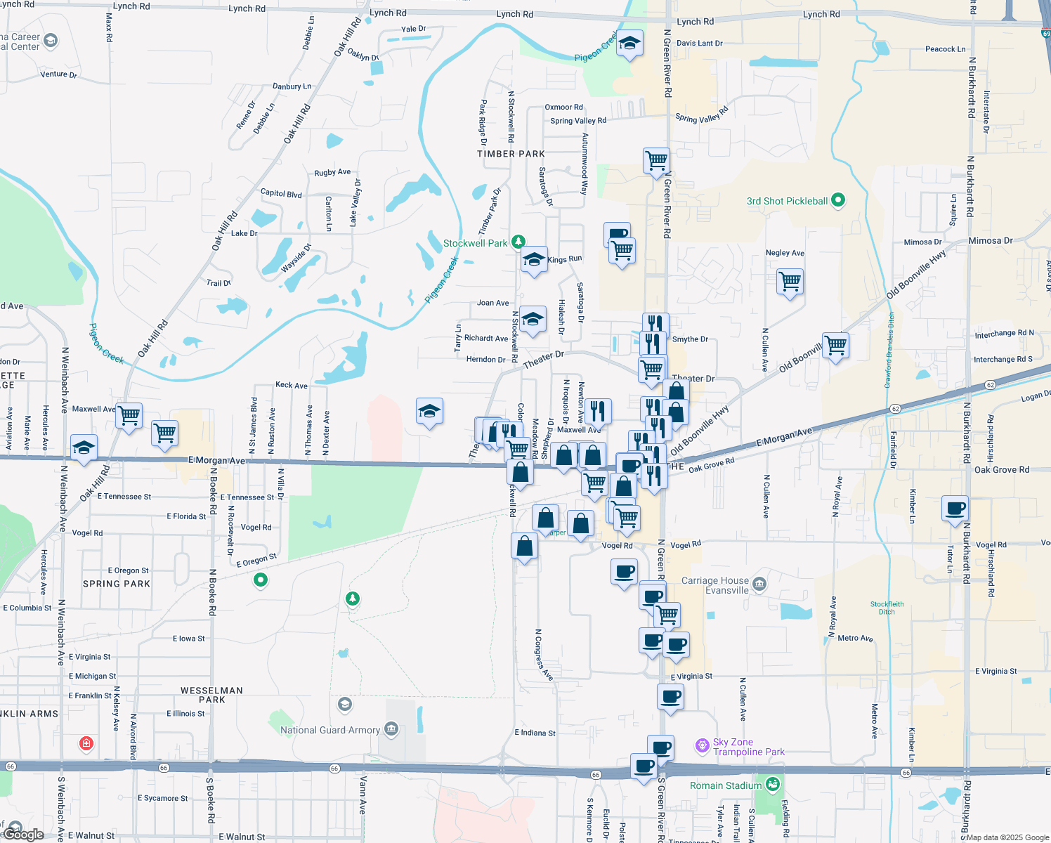 map of restaurants, bars, coffee shops, grocery stores, and more near 1805 Colony Drive in Evansville
