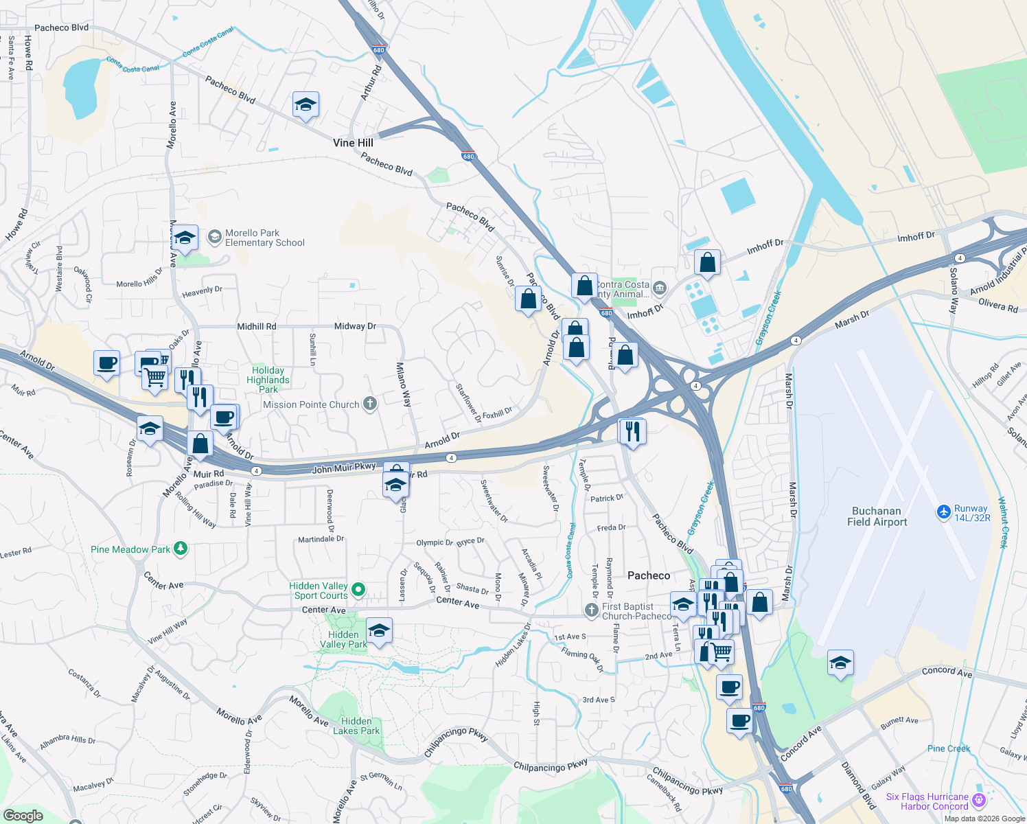 map of restaurants, bars, coffee shops, grocery stores, and more near 2254 Foxhill Dr in Martinez