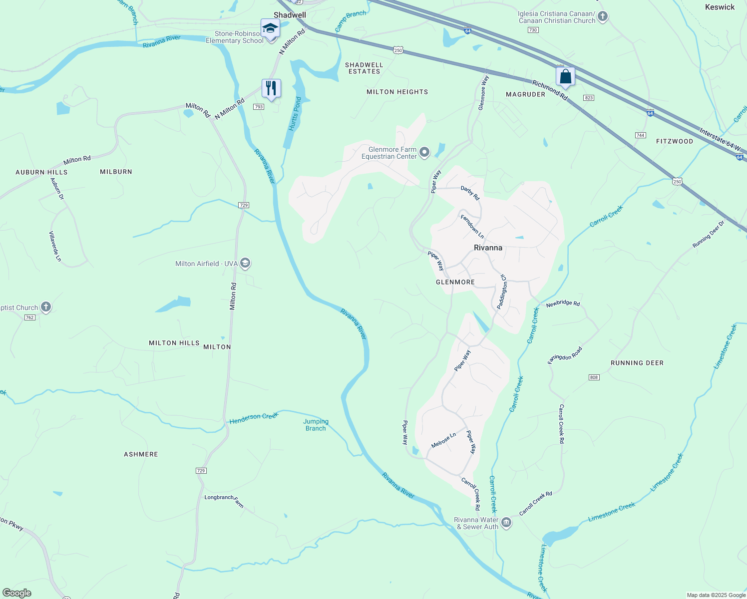 map of restaurants, bars, coffee shops, grocery stores, and more near 1400 Kinross Ln in Albemarle