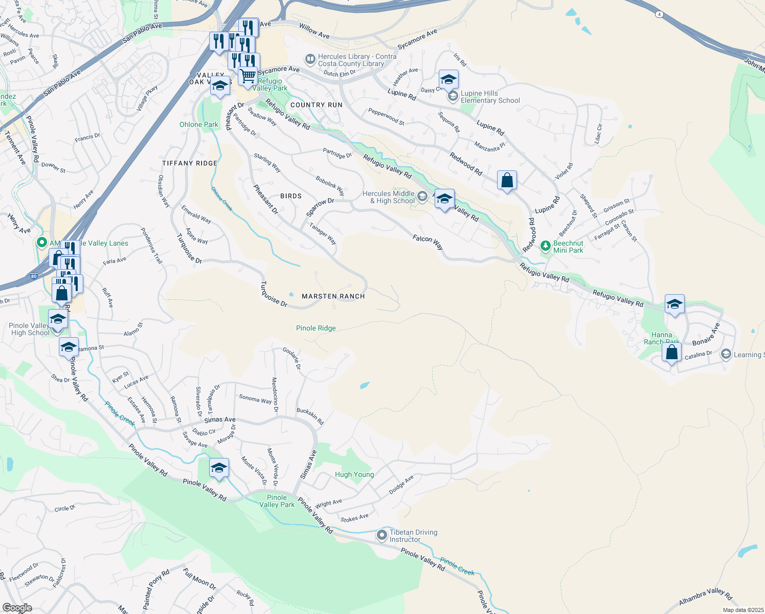 map of restaurants, bars, coffee shops, grocery stores, and more near 228 Malachite Court in Hercules