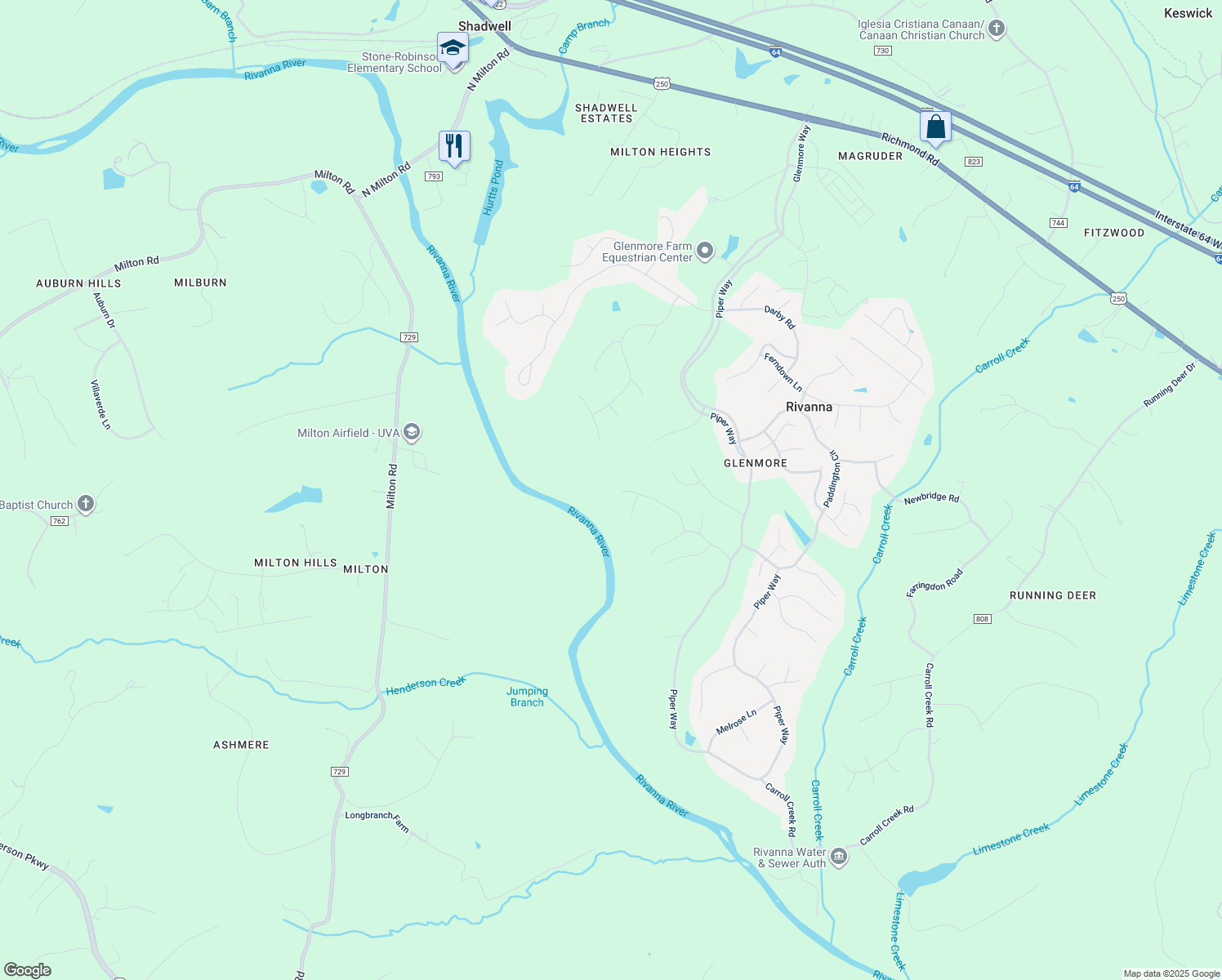map of restaurants, bars, coffee shops, grocery stores, and more near 1400 Kinross Ln in Albemarle