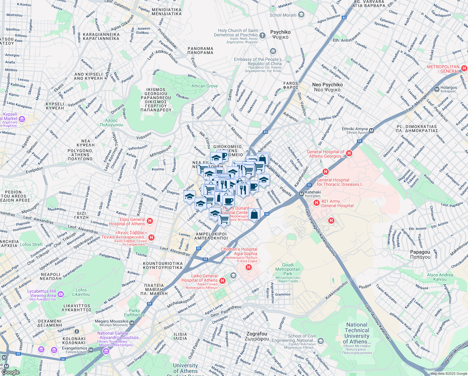 map of restaurants, bars, coffee shops, grocery stores, and more near in Athina