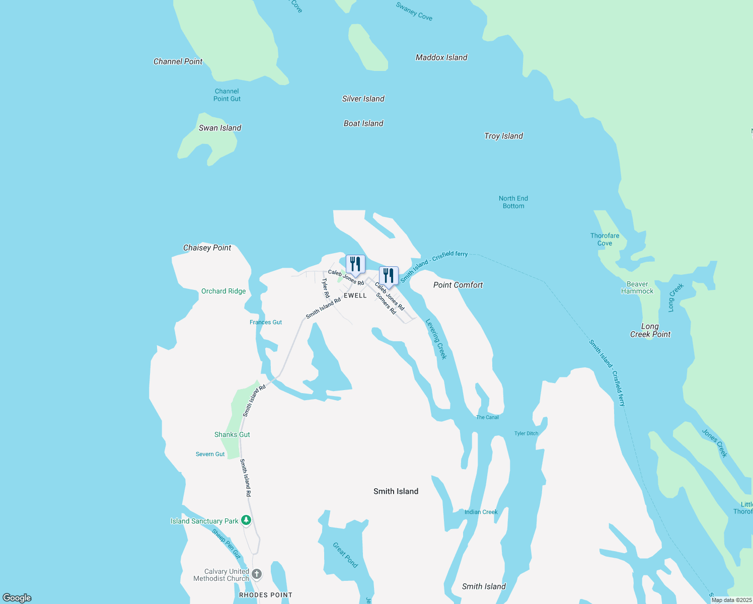 map of restaurants, bars, coffee shops, grocery stores, and more near 20909 Somers Road in Smith Island