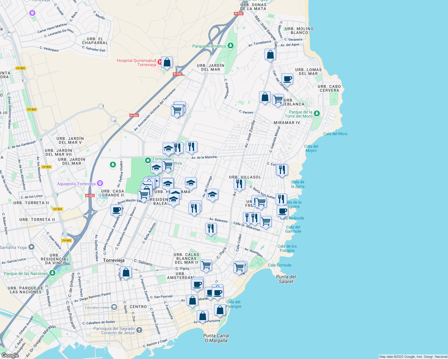 map of restaurants, bars, coffee shops, grocery stores, and more near Calle Fuerteventura in Torrevieja