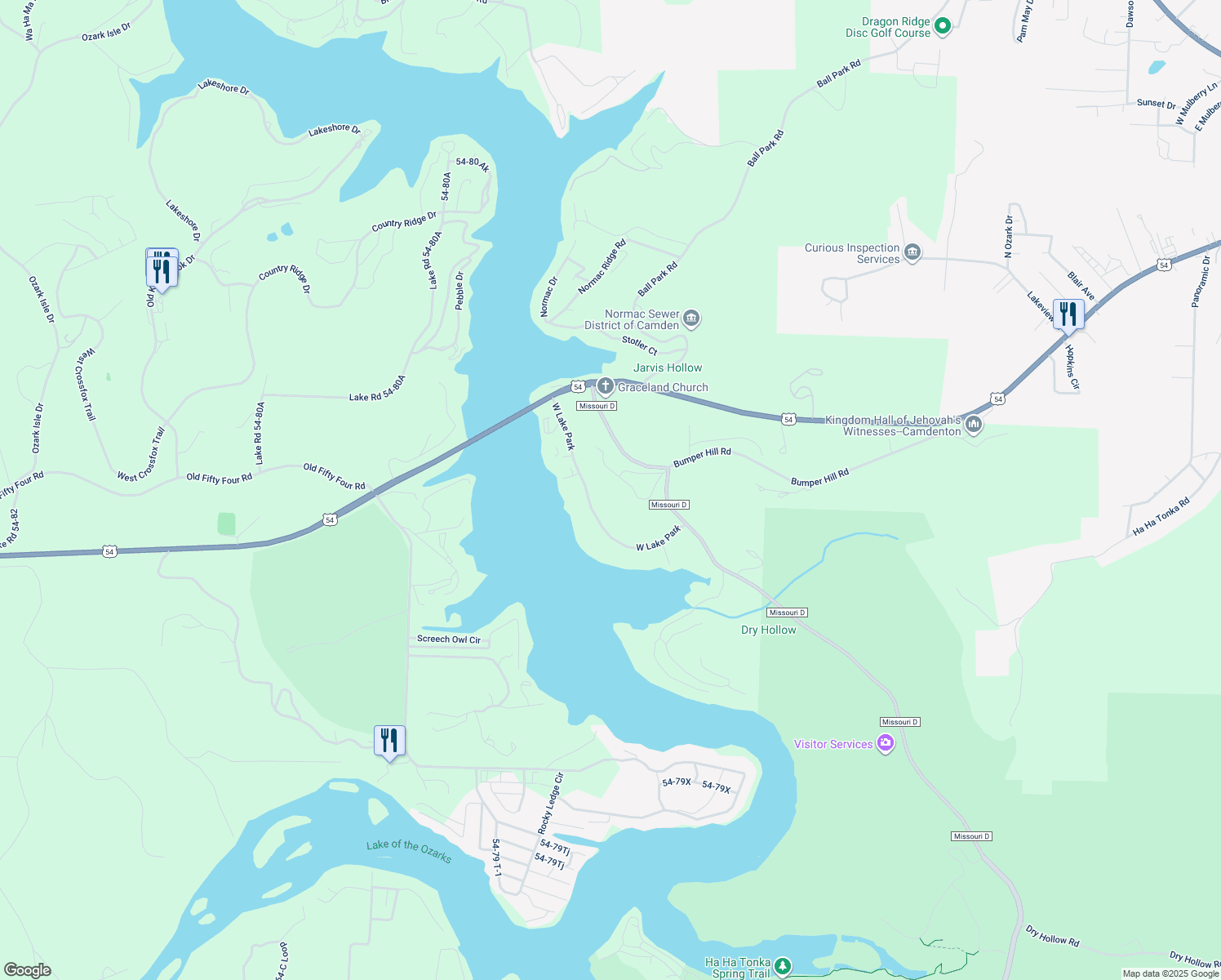 map of restaurants, bars, coffee shops, grocery stores, and more near Lake-Road 54-76 in Camdenton