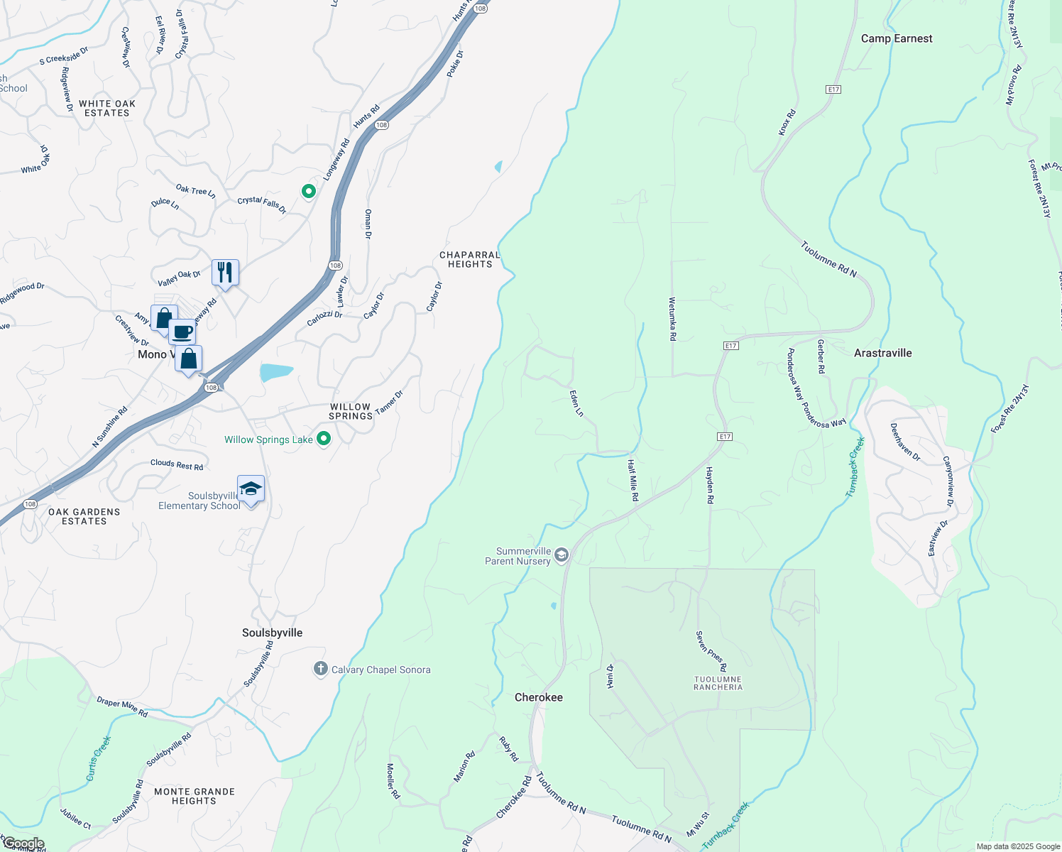 map of restaurants, bars, coffee shops, grocery stores, and more near 20690 Eden Ln in Tuolumne
