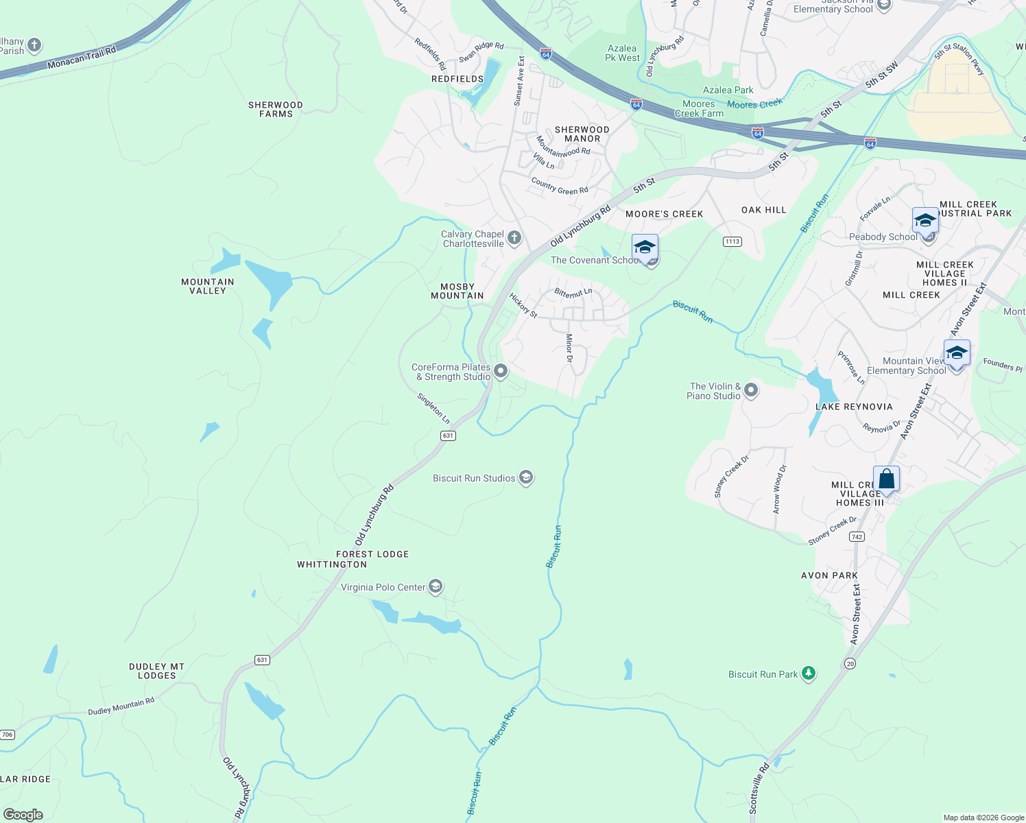 map of restaurants, bars, coffee shops, grocery stores, and more near 1748 Mattox Court in Charlottesville