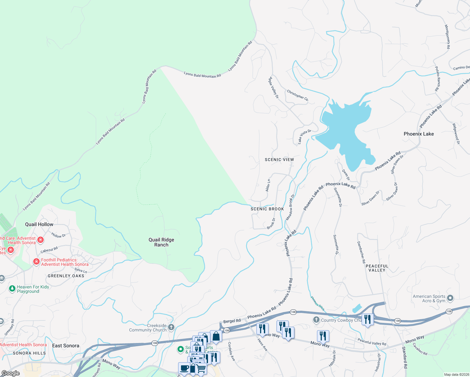 map of restaurants, bars, coffee shops, grocery stores, and more near 20518 Upper Hillview Drive in Sonora