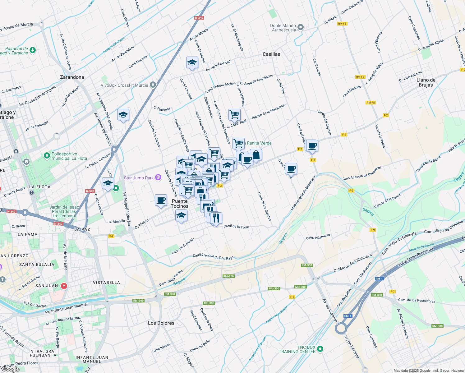 map of restaurants, bars, coffee shops, grocery stores, and more near 7 Calle Pintor Pedro Flores in Murcia