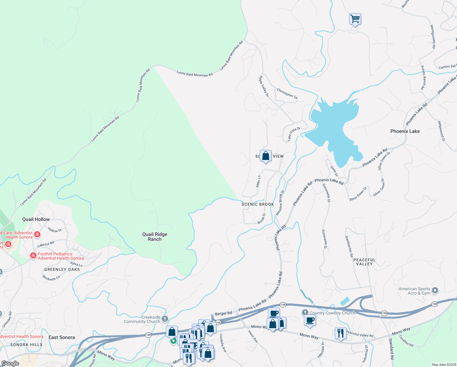 map of restaurants, bars, coffee shops, grocery stores, and more near 20518 Upper Hillview Drive in Sonora