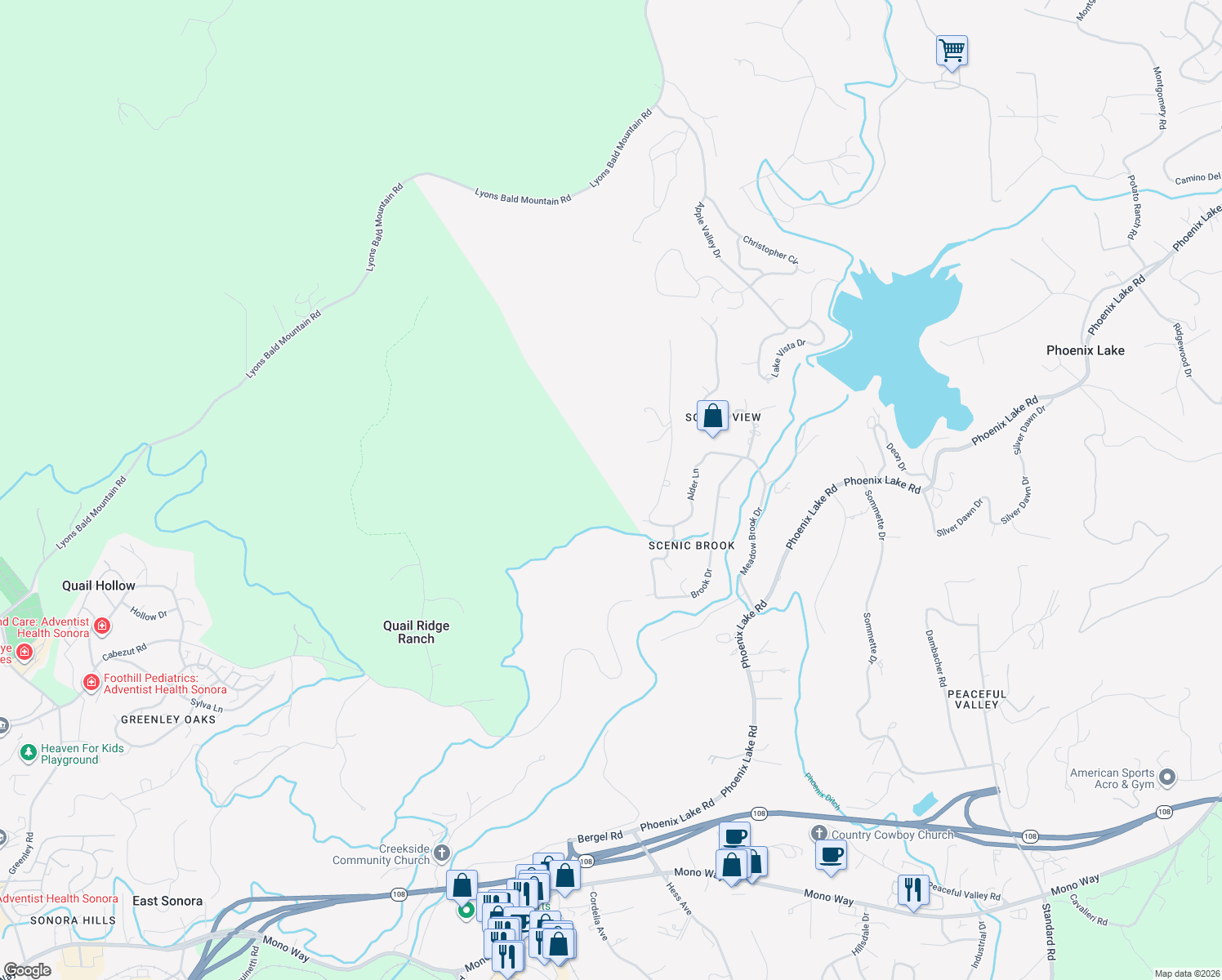 map of restaurants, bars, coffee shops, grocery stores, and more near 20518 Upper Hillview Drive in Sonora