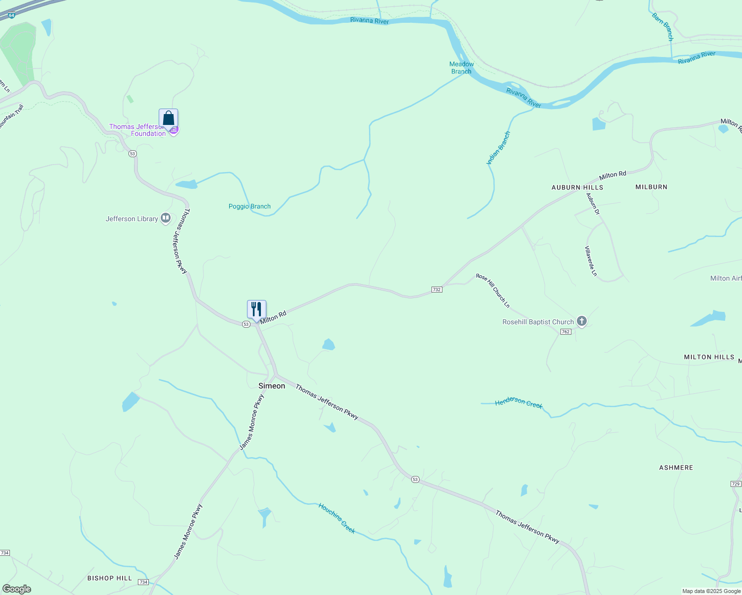 map of restaurants, bars, coffee shops, grocery stores, and more near 1229 Milton Road in Charlottesville