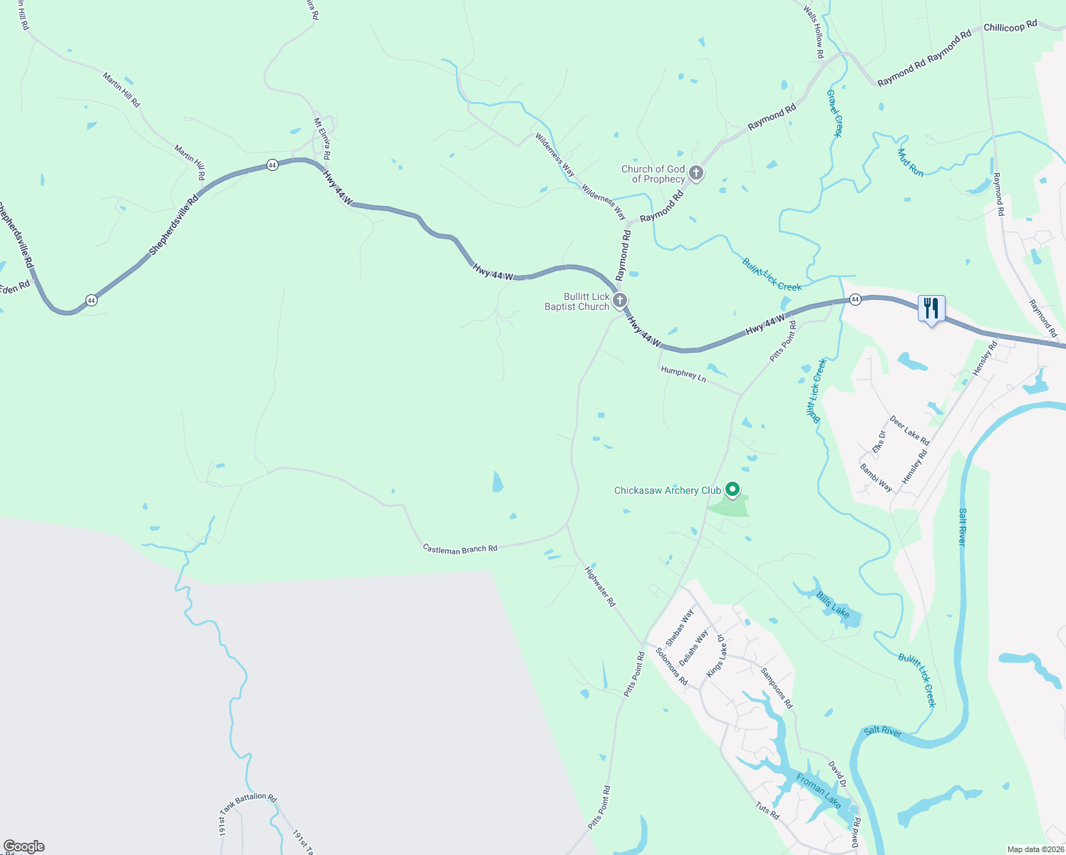 map of restaurants, bars, coffee shops, grocery stores, and more near 569 Castleman Branch Road in Shepherdsville