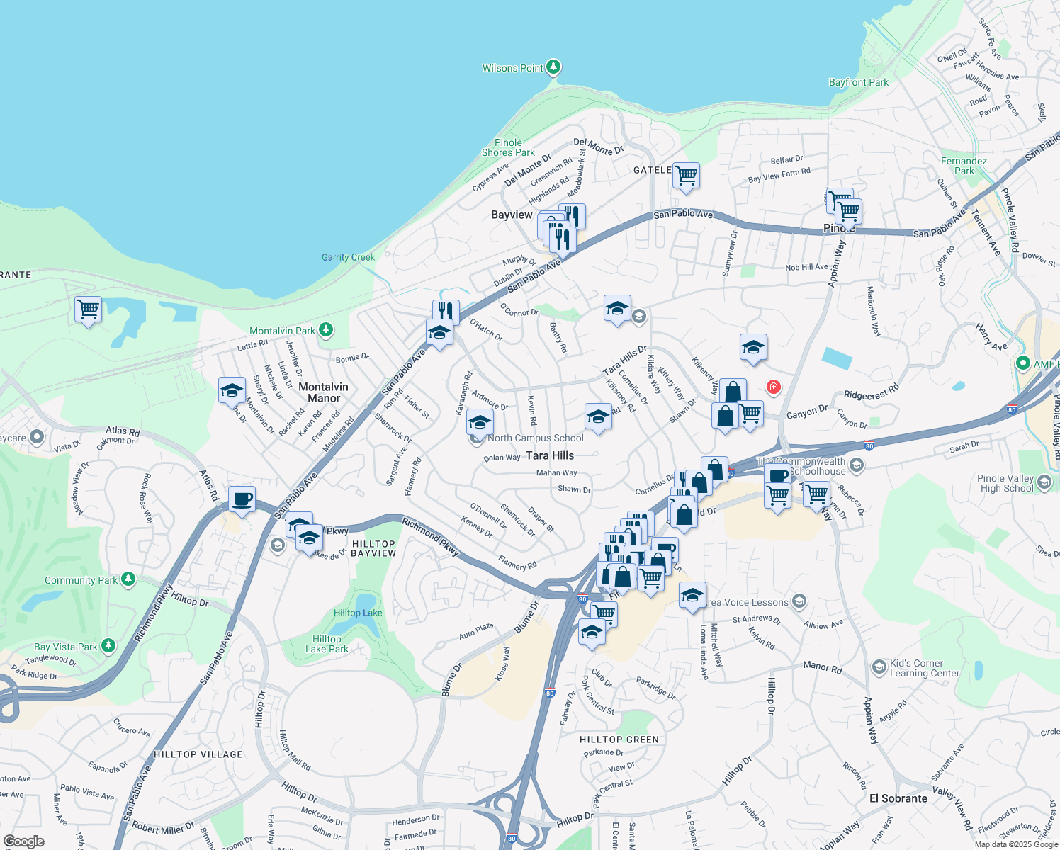 map of restaurants, bars, coffee shops, grocery stores, and more near 2717 Kevin Road in San Pablo