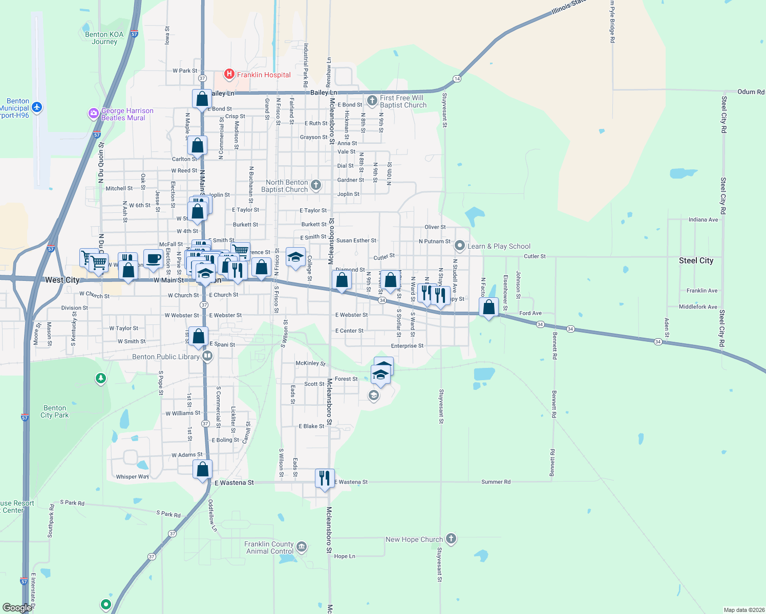 map of restaurants, bars, coffee shops, grocery stores, and more near 100-198 South 10th Street in Benton