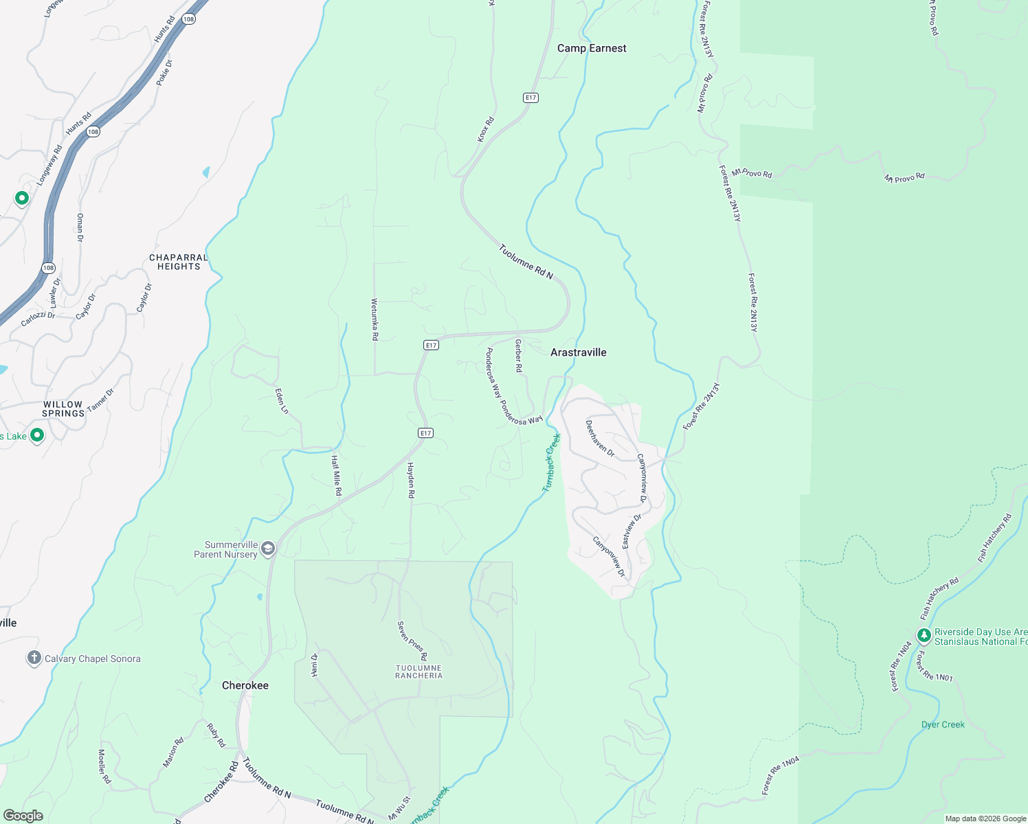 map of restaurants, bars, coffee shops, grocery stores, and more near 20703 Ponderosa Way in Tuolumne
