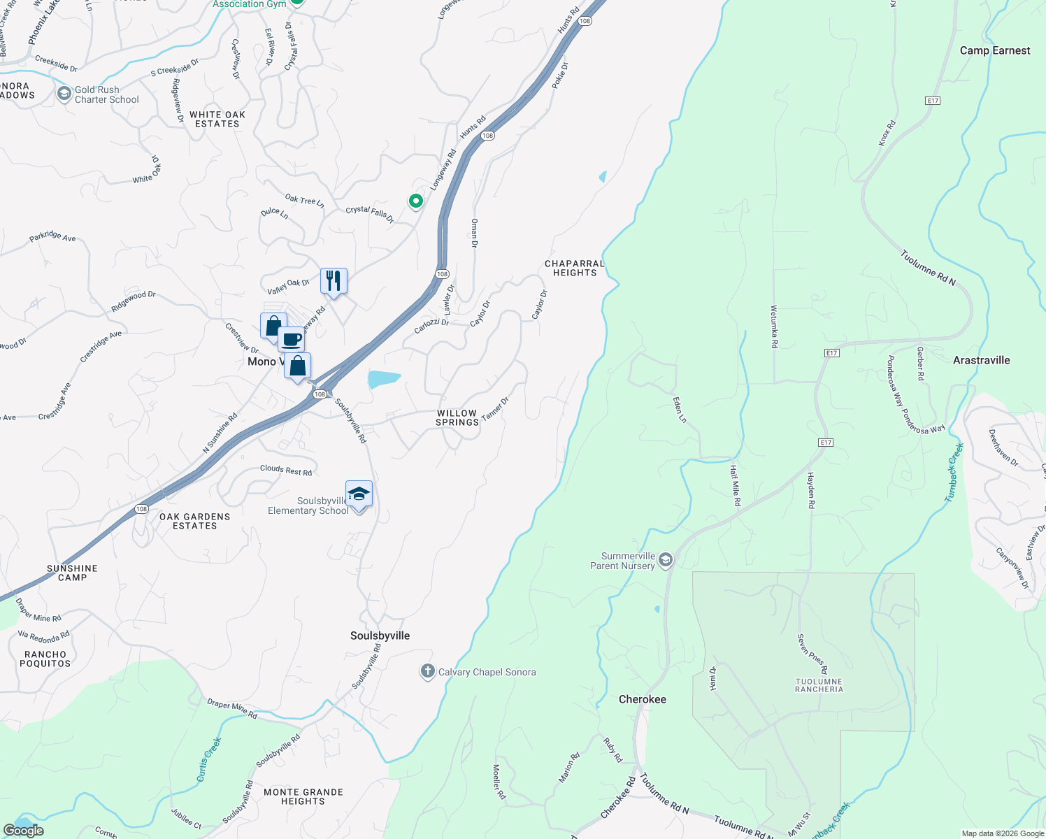 map of restaurants, bars, coffee shops, grocery stores, and more near 20574 Charlotte Court in Soulsbyville