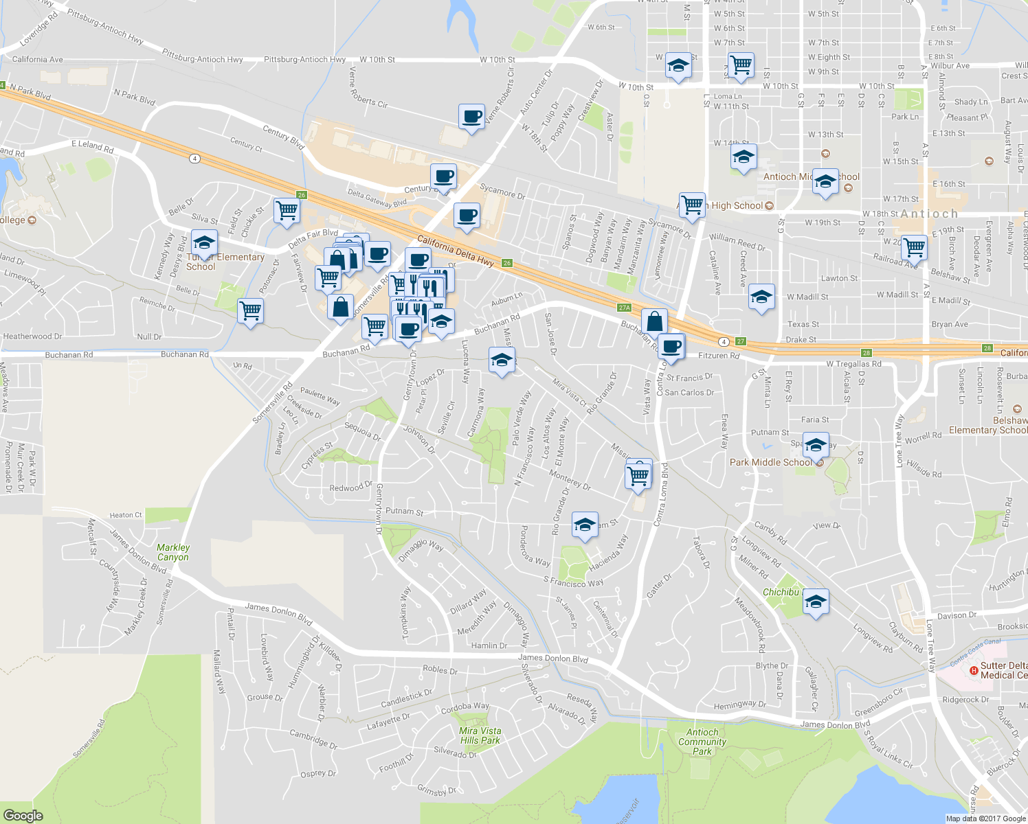 map of restaurants, bars, coffee shops, grocery stores, and more near 2940 Palo Verde Way in Antioch