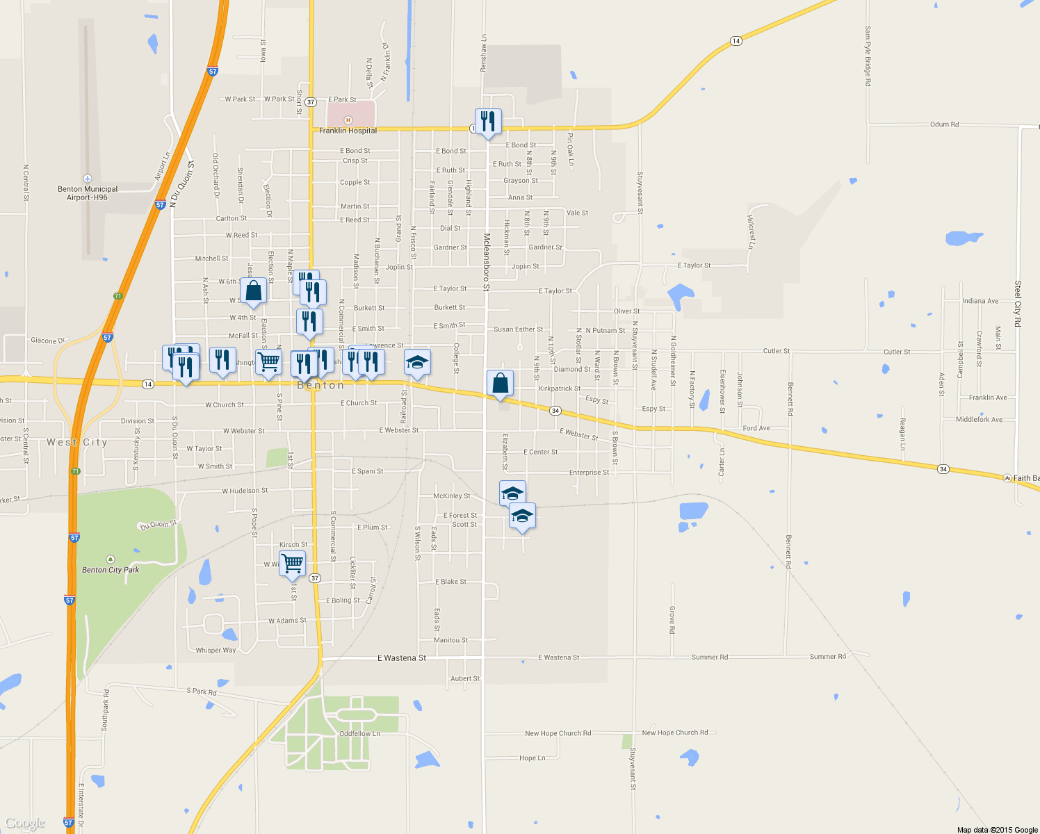 map of restaurants, bars, coffee shops, grocery stores, and more near 109 South 8th Street in Benton