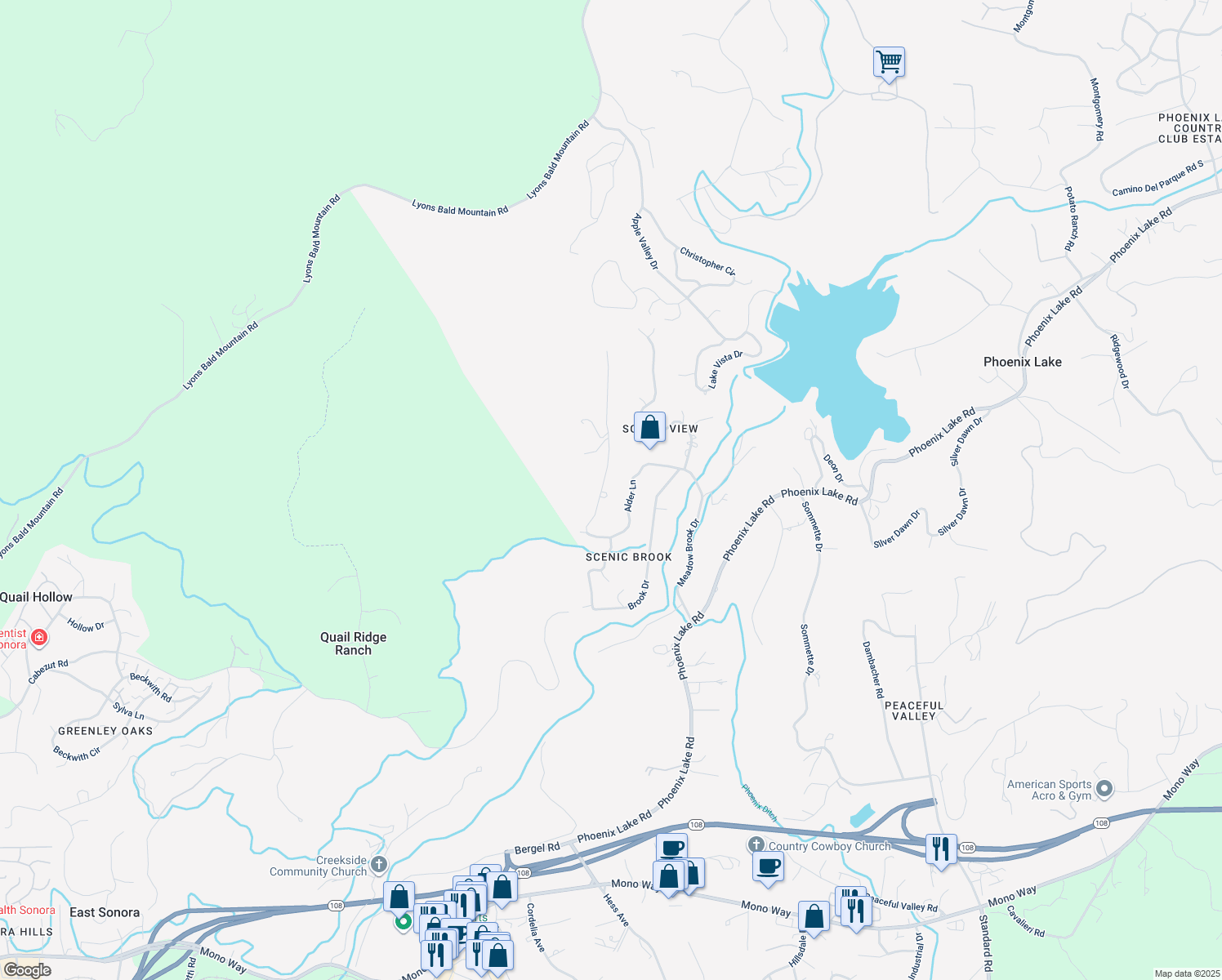 map of restaurants, bars, coffee shops, grocery stores, and more near 20521 Upper Hillview Drive in Sonora