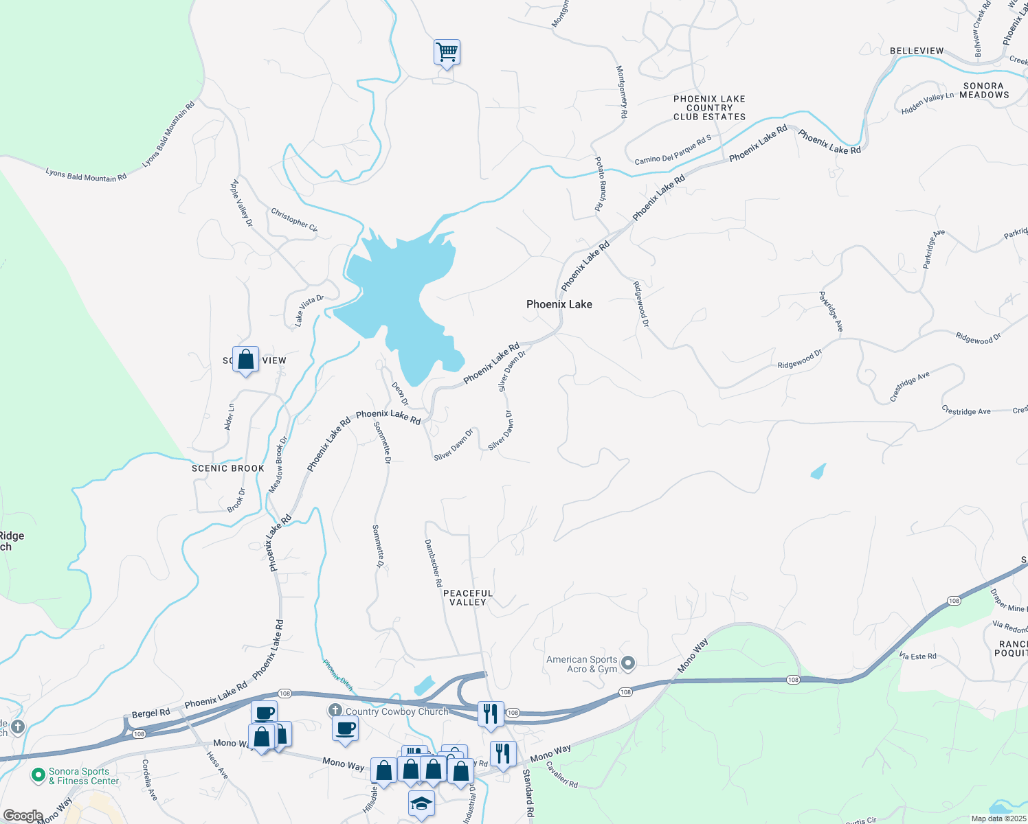 map of restaurants, bars, coffee shops, grocery stores, and more near 20557 Silver Dawn Drive in Sonora