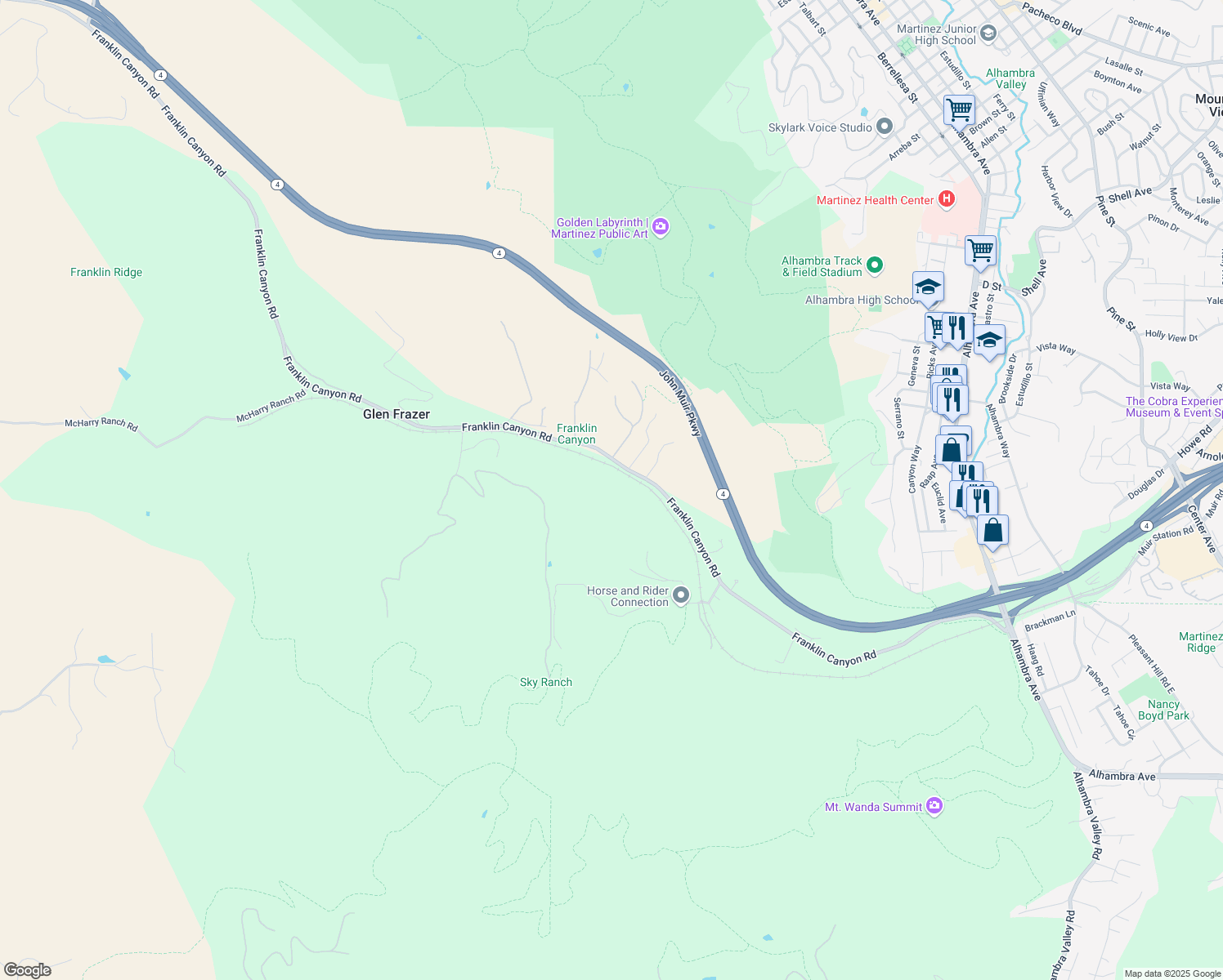 map of restaurants, bars, coffee shops, grocery stores, and more near Franklin Canyon Road in Martinez