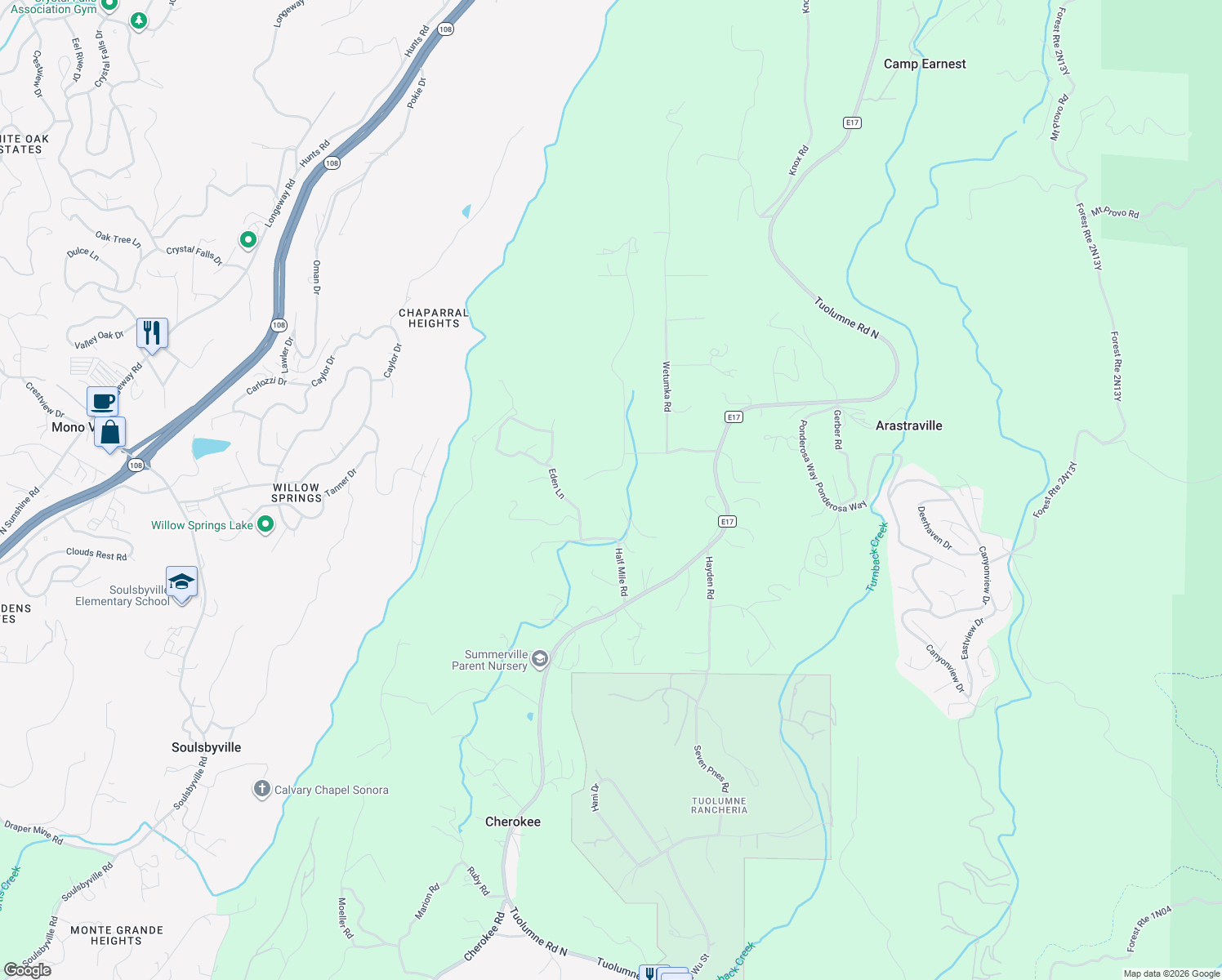 map of restaurants, bars, coffee shops, grocery stores, and more near 20534 Half Mile Road in Tuolumne